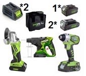 סט 3 כלים נטענים 24V פטישון + משחזת + מברגה אימפקט GreenWorks