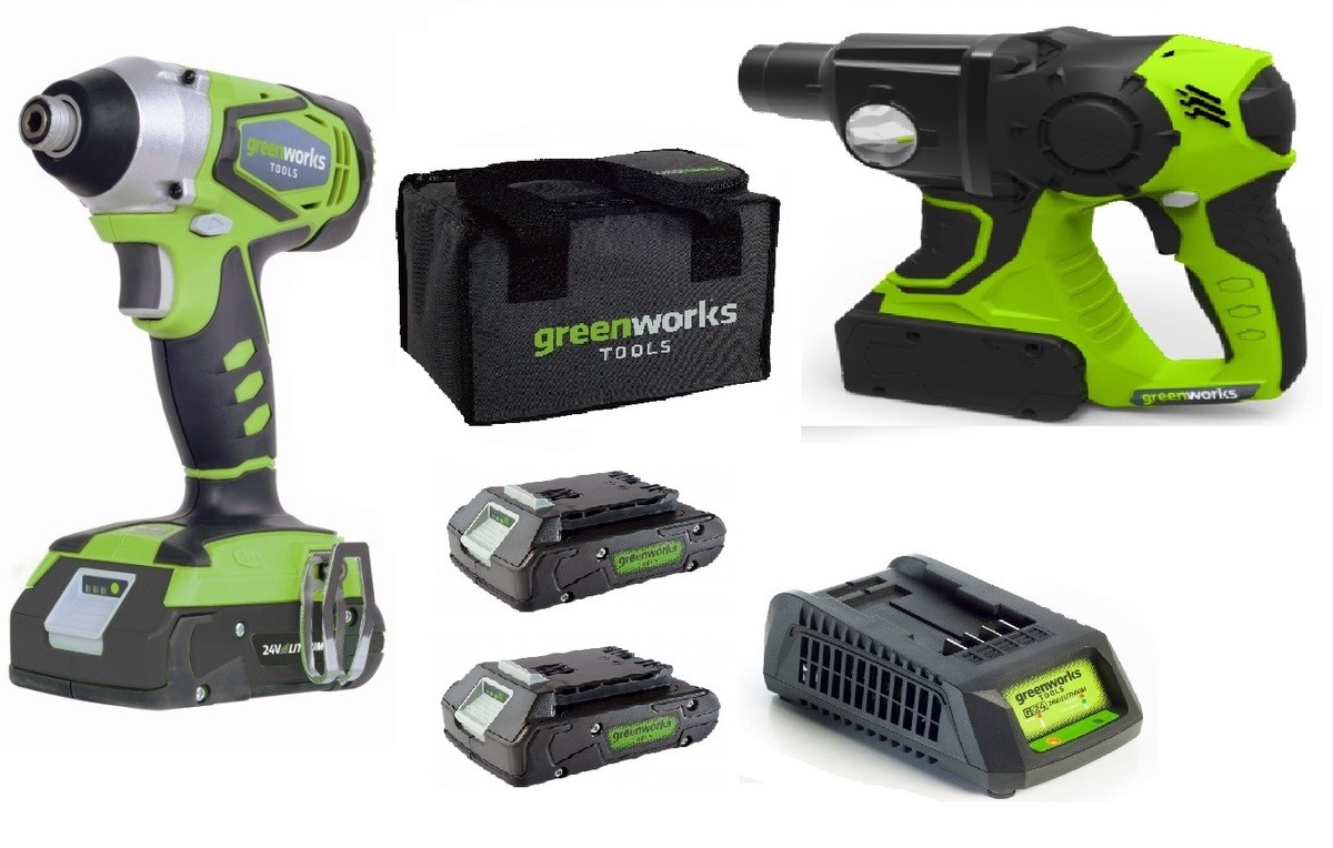 סט מברגה אימפקט + פטישון + 2 סוללות 2A GREENWORKS